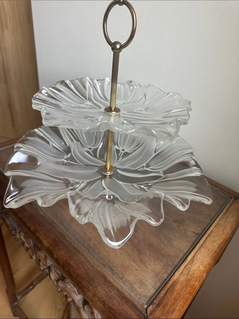 Vintage Mikasa Tulip Glass 2-Tier Cupcake Dessert Stand with Art Deco Gold Brass